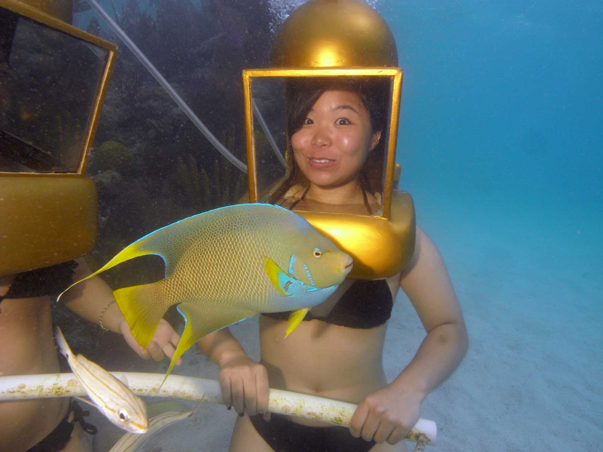 Bermuda angelfish with asian looking helmet diver.