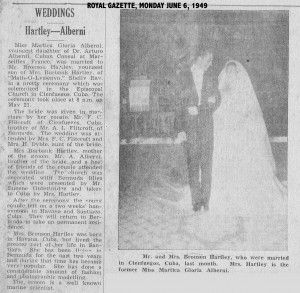 Photo of Bermuda Royal Gazette 1949 article on marriage in Cuba of Bronson Hartley and Martica Alberni