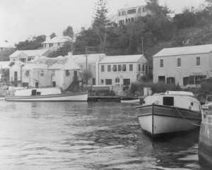 Black and white image of two Hartley owned boats in Flatts Village before 1958.